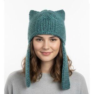 ⭐Silky Hand-Knit Teal Blue Cat Ear Earflap Winter Beanie Hat Cozy Gift for Her⭐